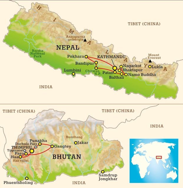 Routekaart Nepal & Bhutan Tour 5