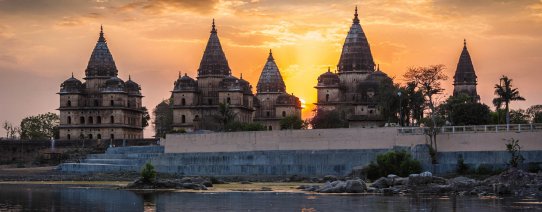 in, orchha, view of royal cenotaphs of orchha over betwa river.jpg
