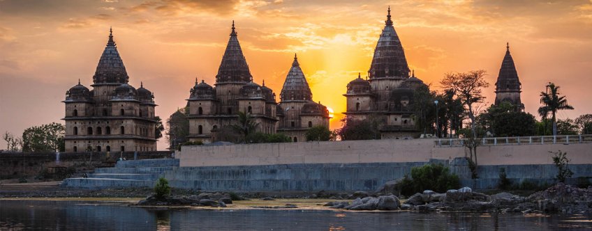 in, orchha, view of royal cenotaphs of orchha over betwa river.jpg